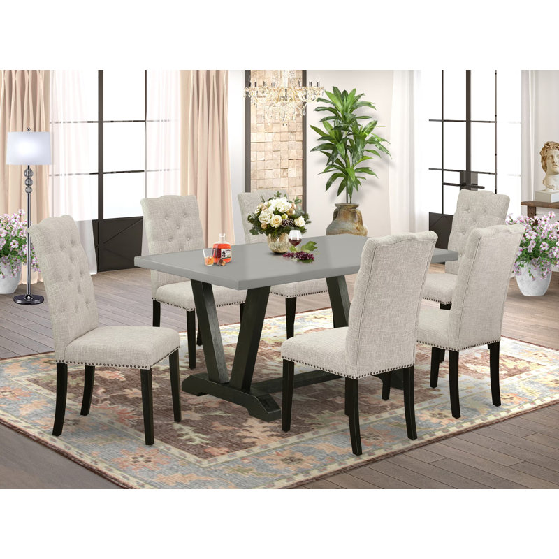  7-Piece Modern Dining Table Set with an Excellent Cement Color Dining Table top and 6 Doeskin Parson Dining chairs with Nail Heads and Button Tufted, Wire Brushed Black Finish