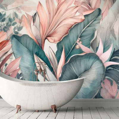 Elegant Tropical Floral Leaves Wall Mural Teal And Blush Botanical Garden Nature Inspired Statement Wall Decor For Living Room Bedroom Bathroom Accent Wall