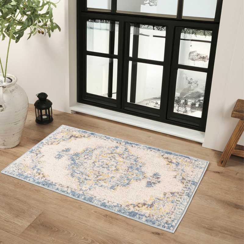 Blue Traditional Rug, Floral Stain Resistant Easy to Clean Rug For Living Room, Dining Room, Bedroom, Rectangle 120 x 170 cm