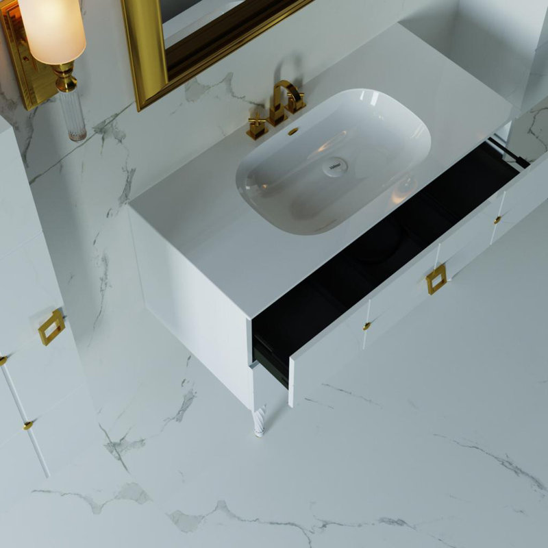 Ensemble de meuble-lavabo simple 40 po avec plateau PIAZZA, Blanc, Blanc, Or