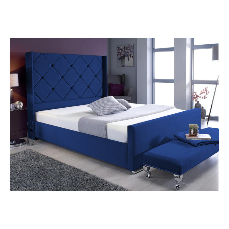 Descanso Chesterfield Velvet Upholstered Bed Frame - Buttoned Headboard, Chrome Feet, Blue, Small Double (4')