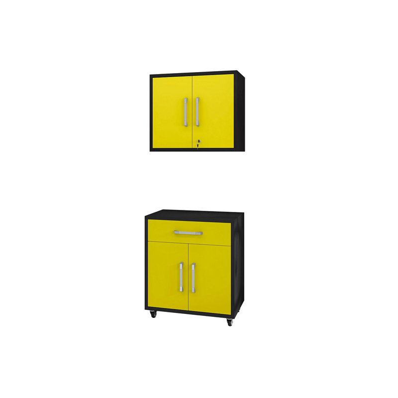 Ensemble de rangement de garage Eiffel moderne avec tiroir et tablettes amovibles jaunes, Noir mat / jaune