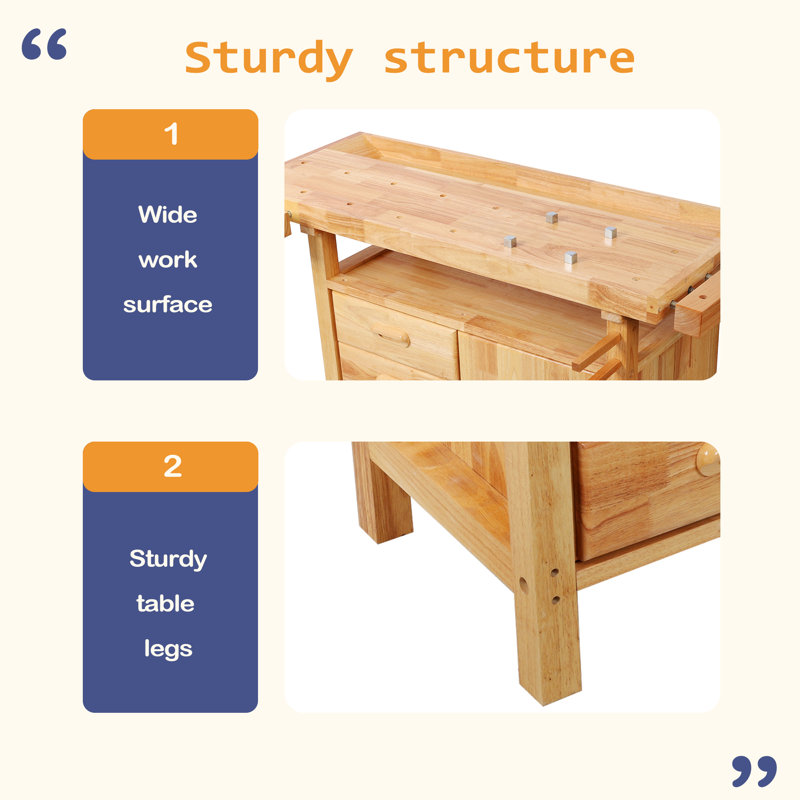 Établi professionnel en bois d'hévéa robuste et fonctionnel de 50 po - 3 tiroirs, 1 porte d'armoire et tablette ouverte, atelier de menuiserie et utilisation domestique