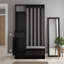 Élégant support de rangement pour entrée moderne (noir), avec banc de rangement rembourré + panneau perforé + 4 crochets, peut être utilisé comme armoire à chaussures / portemanteau multifonctionnel, convient au vestibule, au vestibule