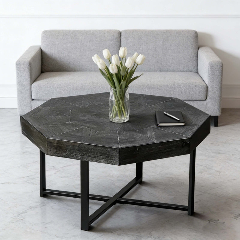 Table basse octogonale en bois avec patchwork de style campagnard 30 pouces, Noir antique