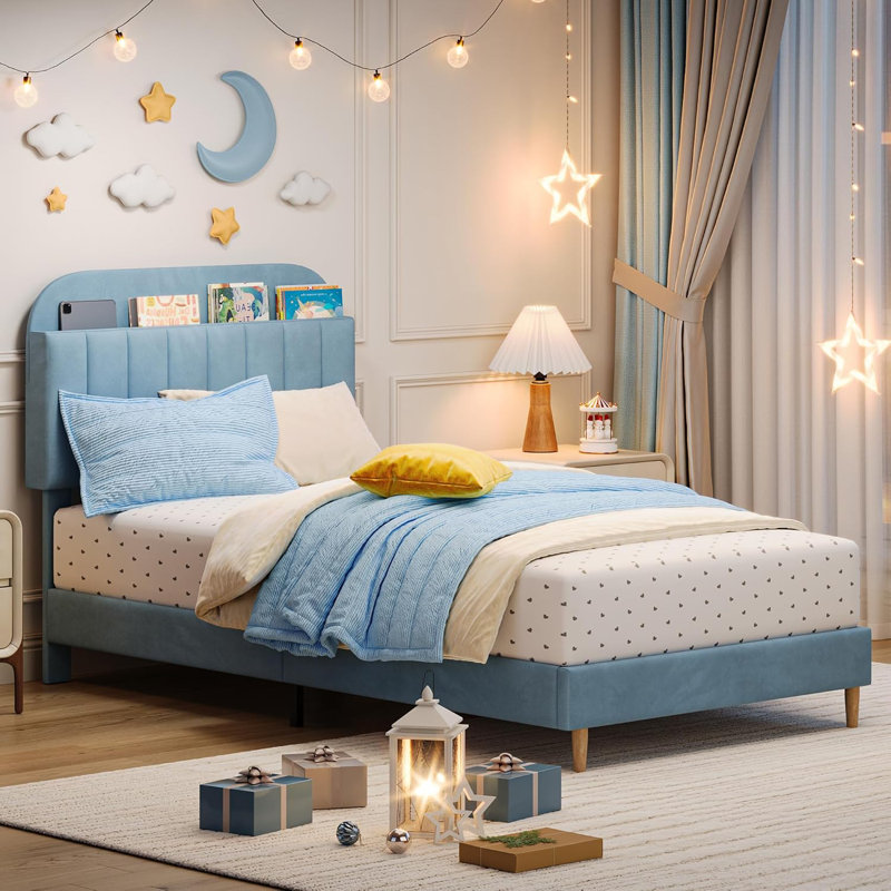Lit simple en velours pour enfants avec tiroir, profil bas, lattes de bois, bleu