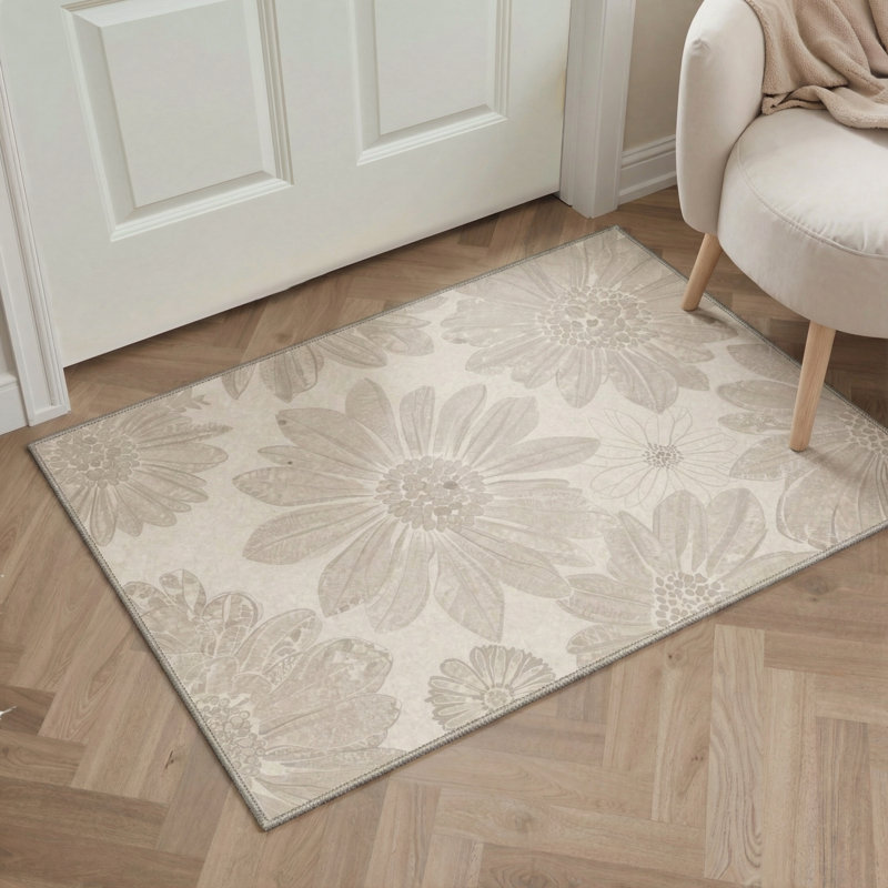 Veridia Floral Machine Washable Beige Indoor Area Rug with Non-Slip Backing, Rectangle 6' x 9'