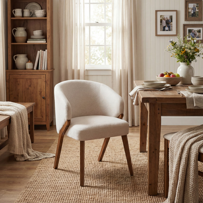 Modern Dining Chairs, Single Upholstered Fabric Side Chair with Wooden Legs for Kitchen and Dining Room, Beige, Beige