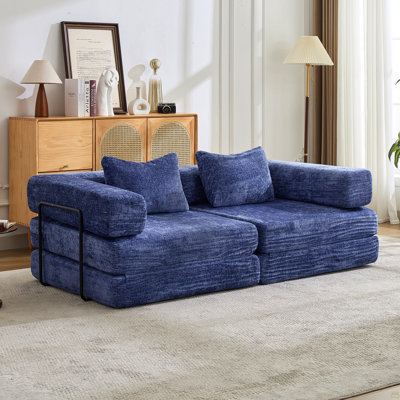 Canapé à compression, canapé-lit à plancher convertible avec structure de forme fixe, canapé modulaire sans os sans causeuse, sans assemblage requis, tissu chenille, pour le salon, bleu foncé