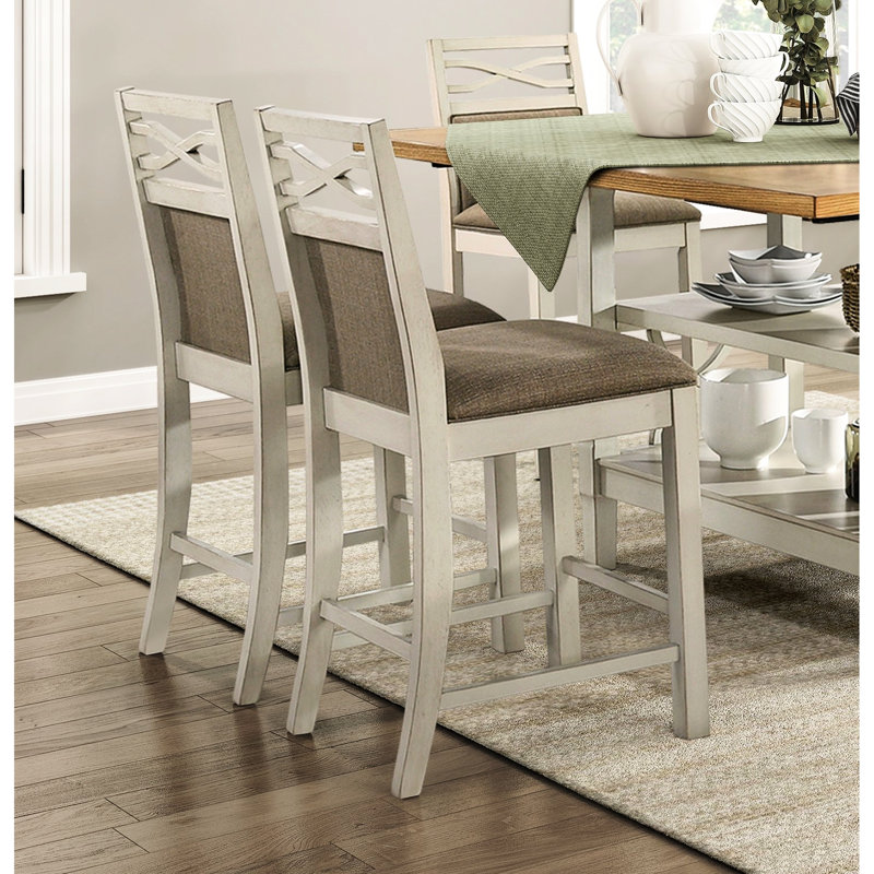 2 chaises à hauteur de comptoir, revêtement gris, base en bois, 2 chaises de cuisine décontractées, structure, style campagnard