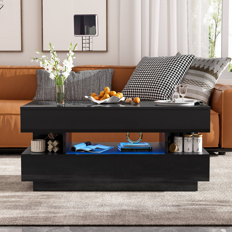 Table basse relevable avec 2 tiroirs, table multifonctionnelle moderne avec compartiment caché et finition ultrabrillante pour le salon