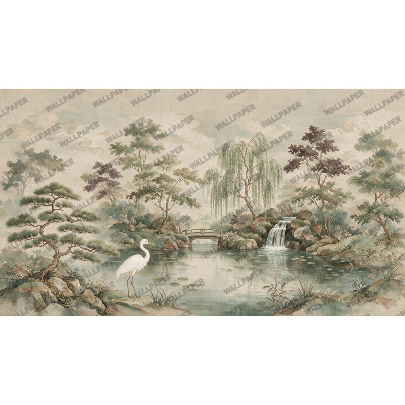 Papier peint mural vintage serein représentant un paysage de héron dans un jardin asiatique., L 150 x L 108, Non tissé