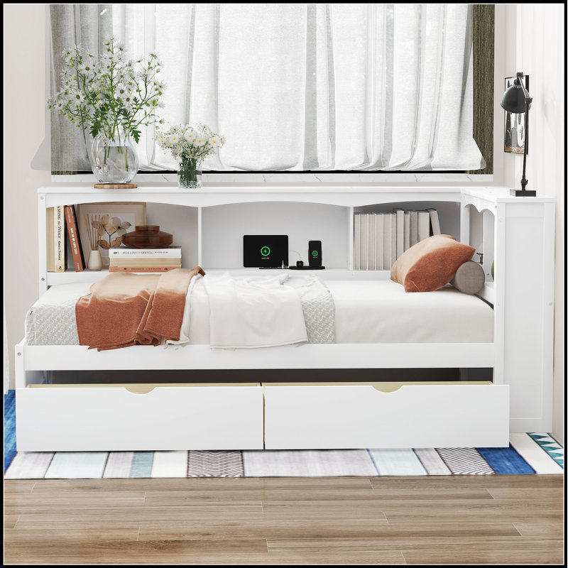 Lit de jour avec deux tiroirs de rangement, armoires et ports USB pour la vie moderne et l'organisation, Blanc