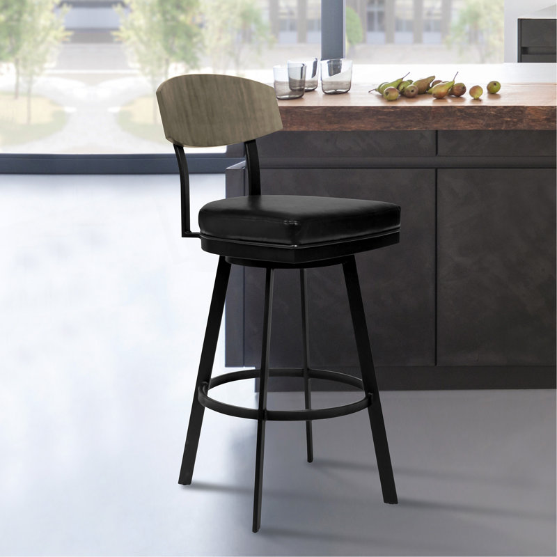 Tabouret de bar de 30 po de hauteur au fini noir mat avec similicuir noir et noyer gris