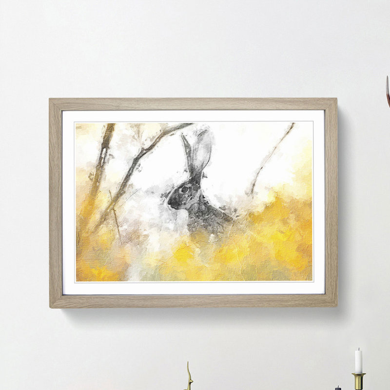Alert Hare In The Meadow In Abstract - Single Picture Frame Painting, 45cm H x 63cm W x 2cm D, Oak Framed