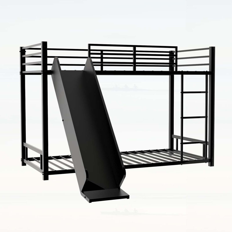 Lit superposé simple robuste en métal avec glissade - Conception peu encombrante pour les enfants et les adolescents, cadre durable pour jouer et dormir, assemblage facile, disponible en noir