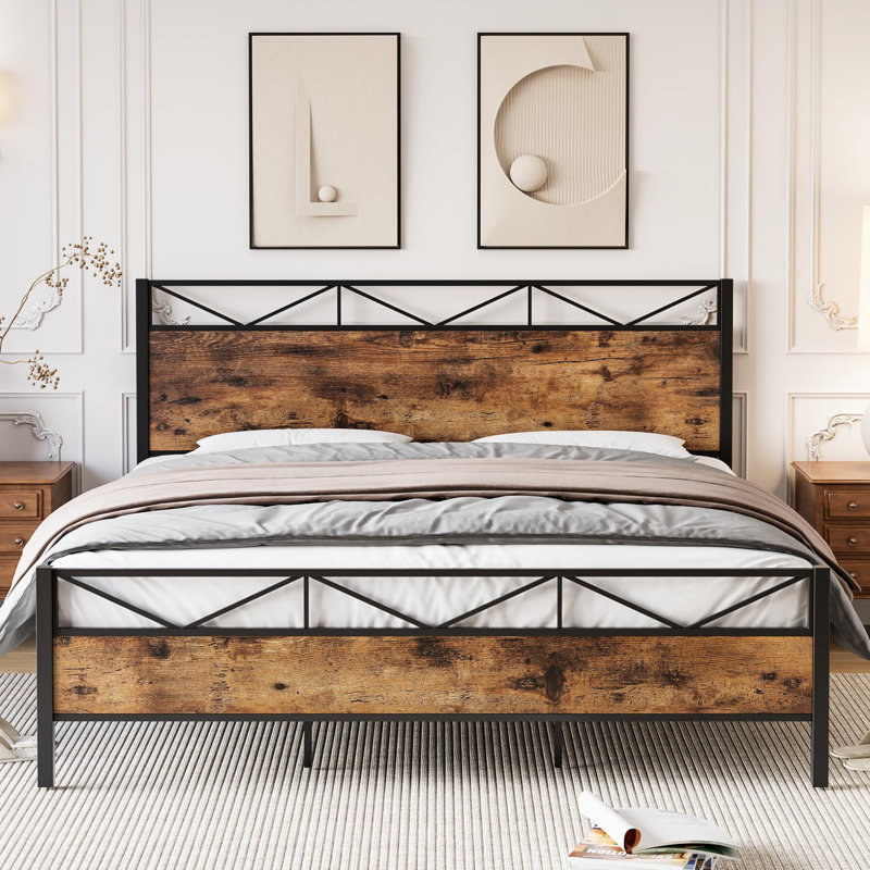 Afifa Metal Platform Bed, King, Vintage Brown