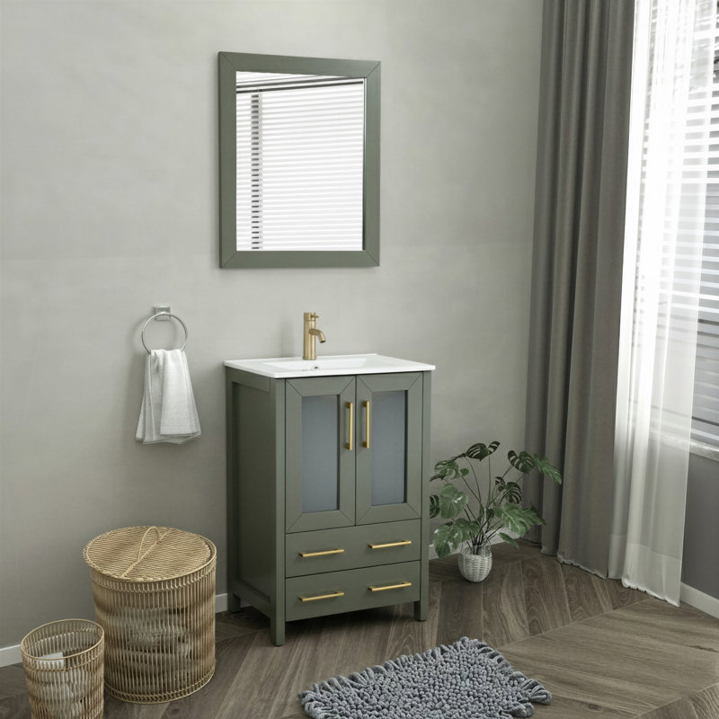 24" W Single Bathroom Vanity Set with Mirror, Vintage Green