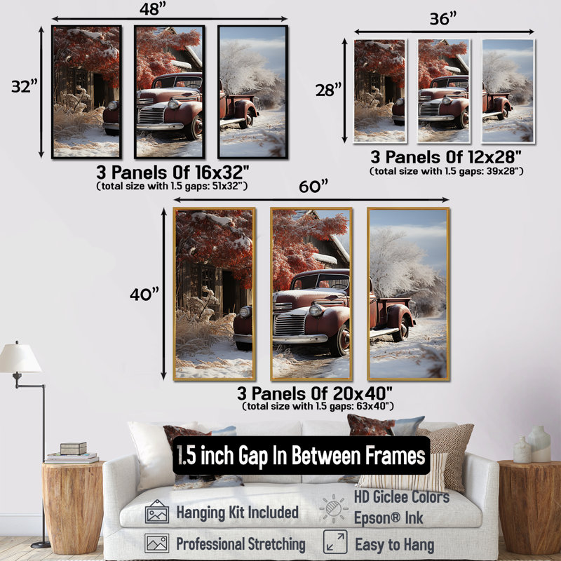 «Truck Pickup Charm In Winter», ensemble d'art sur toile, Cadre flottant noir, H 32 po x l 48 po x P 1 po