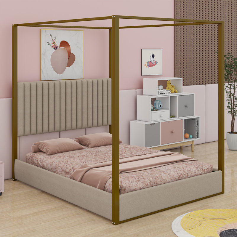 Grand lit plateforme à baldaquin avec tête de lit, Beige