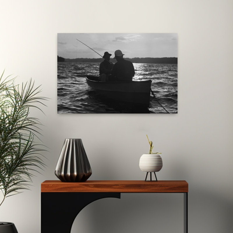 1930S Two Anonymous Men Wearing Hats In Rowboat Fishing Silhouetted At Sunrise Classic Retro Vintage Fish Sunrise Sunset Wall Art
