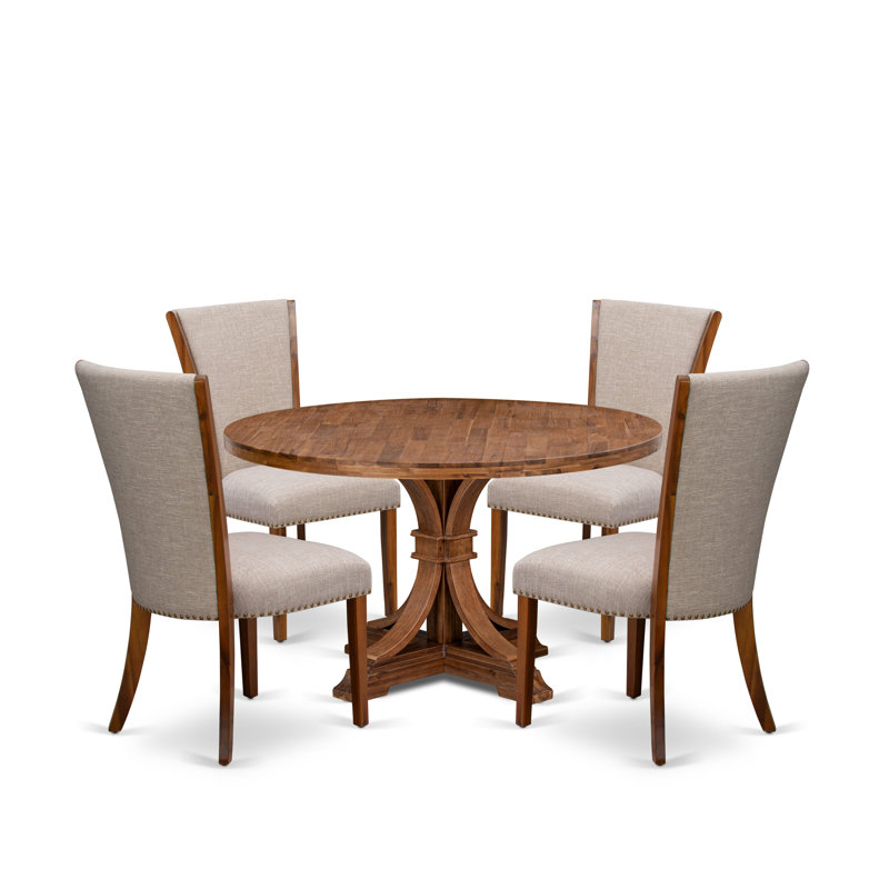 Ensemble de 5 pièces pour 4 personnes comprenant une table ronde avec piédestal et 4 chaises rembourrées en tissu de lin noir, noyer antique