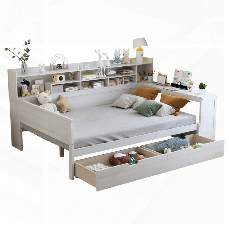 Lit de jour double en bois avec tablettes de rangement, lit multifonctionnel avec deux tiroirs de rangement; Ensemble de lattes et bureau d'étude