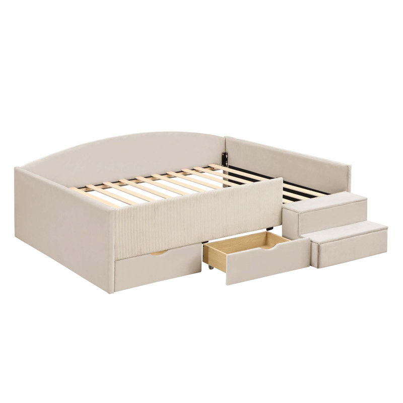 Structure de lit de jour moderne rembourrée avec tiroirs de rangement intelligents, Beige