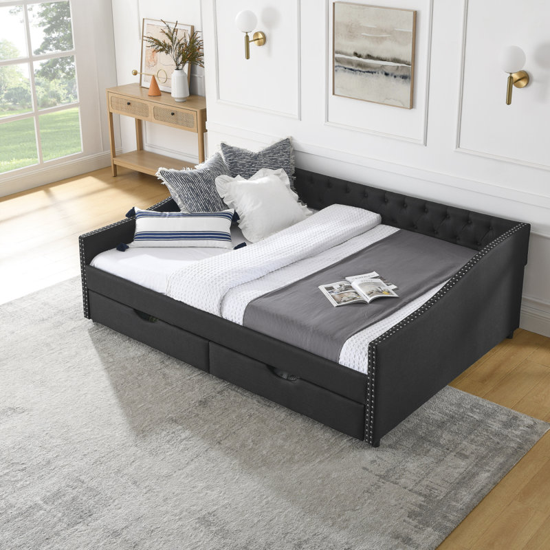 Lit de jour moderne avec tiroirs, canapé-lit capitonné, avec bouton sur le dos et clou en cuivre sur les accoudoirs ondulés