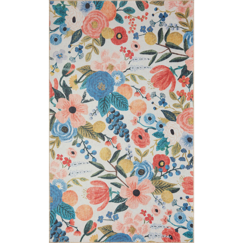 Tapis blanc tissé pastel multicolore à motif floral, Tapis de couloir 3 pi 3,37 po x 6 pi 6,74 po