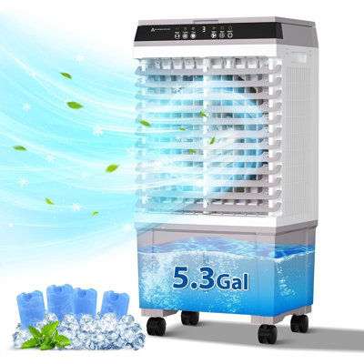 Refroidisseur d'air par évaporation Ecotronic 1800 CFM, refroidisseur de marais portatif avec réservoir d'eau 5,2 gallons, télécommande, 3 vitesses et 3 modes, 6 sachets de glace, ventilateur 3 en 1 pour chambre, garage, patio