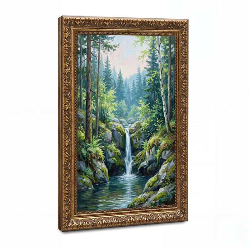 «Green Forest Waterfall Over Rocks», art mural sur toile, H 24 po x l 16 po