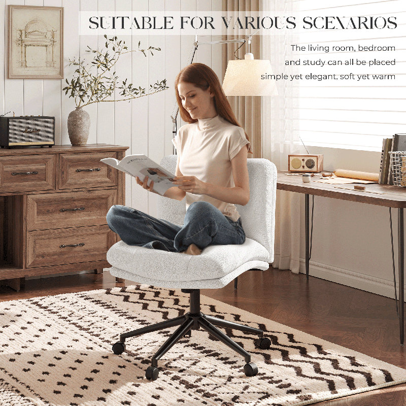  Armless Criss Cross Chairs, Premium Fabric Wide Padded Seat Office Chair，Modern Vanity Chair with Dual-Layer Cushion and Smooth-Rolling Wheels