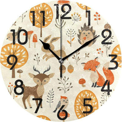 Naanle Autumn Forest Deers Owls Fox Mushroom Round Wall Clock, 9.5 Inch Battery Operated Quartz Analog Quiet Desk Clock For Home,Office,School,Kitchen,Cafe