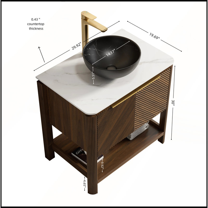 Meuble-lavabo de 30 po avec rangement autoportant en contreplaqué, portes diagonales, tablette ouverte et plateau en pierre frittée durable
