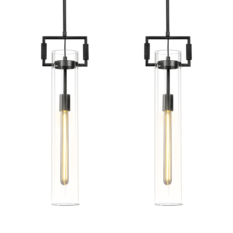 Luminaire suspendu à 1 lumière pour îlot de cuisine avec verre cylindrique transparent, Noir mat, Paquet de 2
