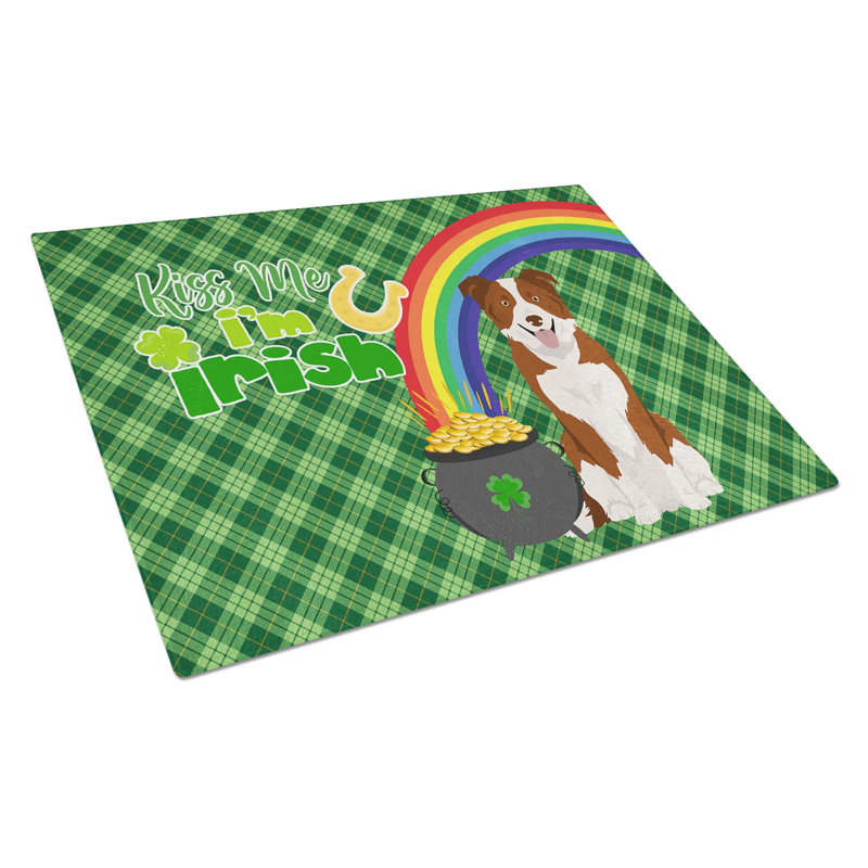 Planche à découper en verre trempé rouge et blanc avec bordure rouge et blanche Collie St. Patrick's Day
