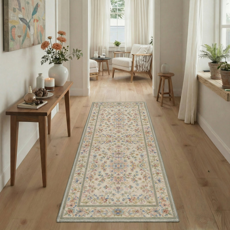 Allsop Aura Floral Machine Washable Blue / Pink / Green / Beige Indoor Area Rug with Non-Slip Backing, Runner 2' x 6'