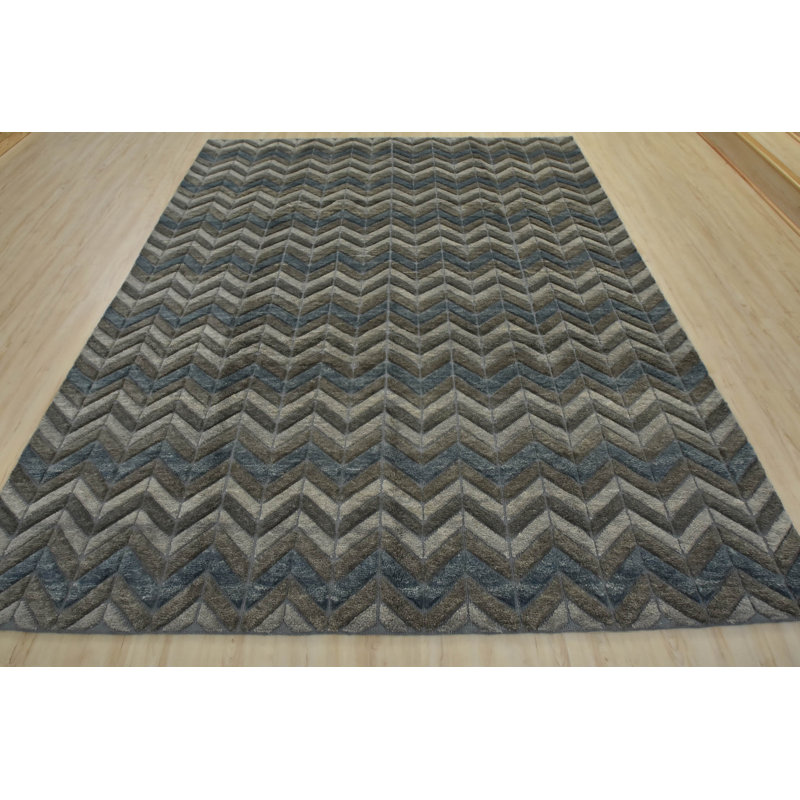 Tapis unique en laine noué à la main gris / ivoire 8 pi x 10 pi 2 po Renderos