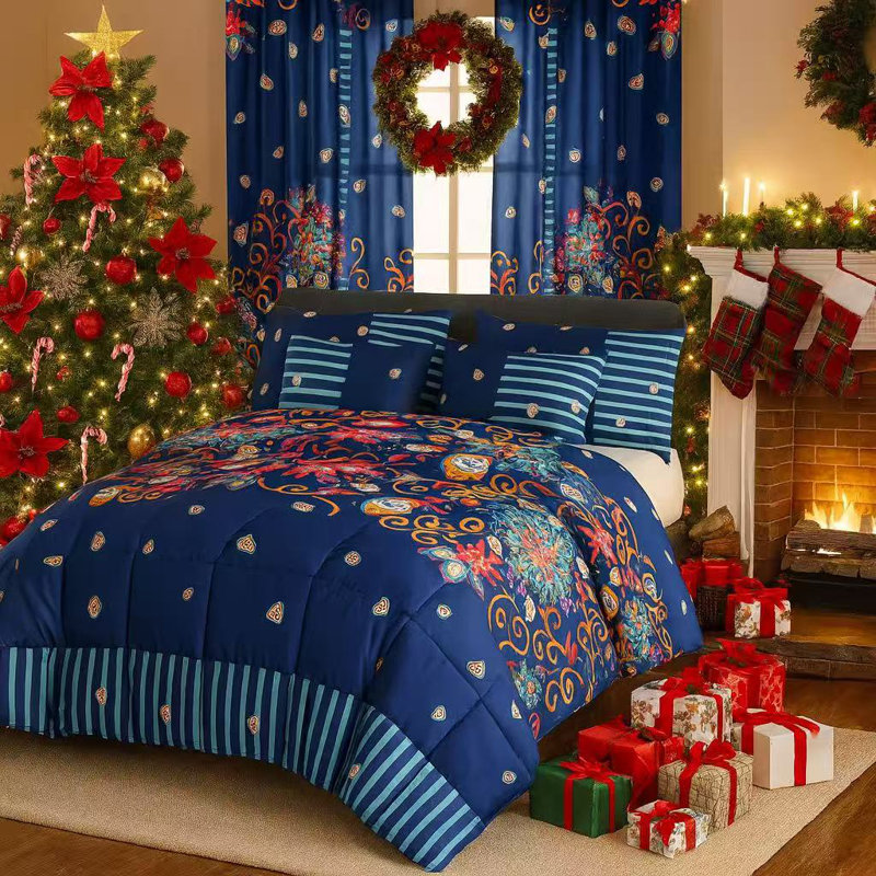Ensemble d'édredon imprimé avec housses de coussin décoratives, simple, bleu, Édredon simple + 4 pièces supplémentaires