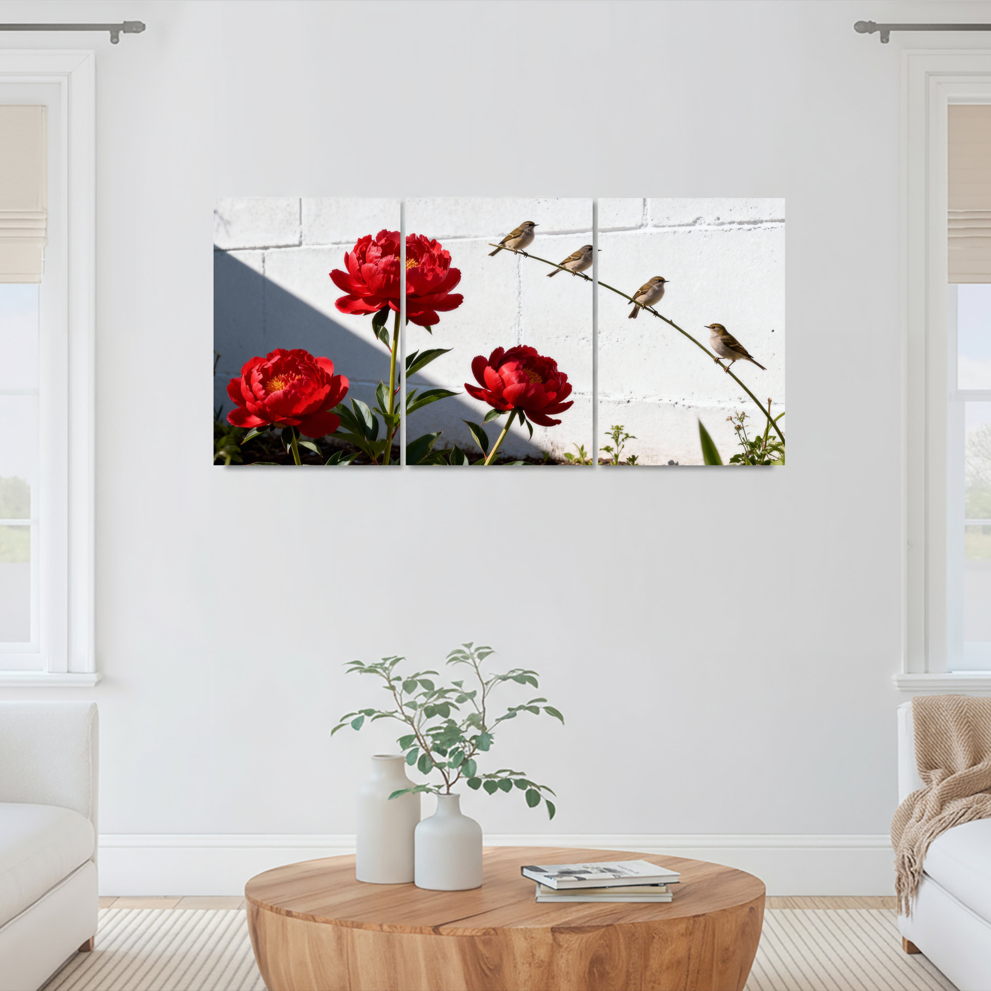 Winston Porter Red Peony Flowers And Birds On Branch Canvas Wrapped ...