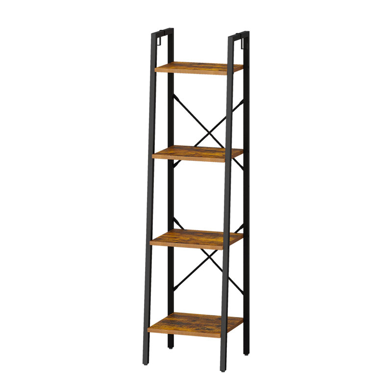 Ladder Shelf Bookshelf, Freestanding Corner Storage with 2 Hooks, Rustic Brown