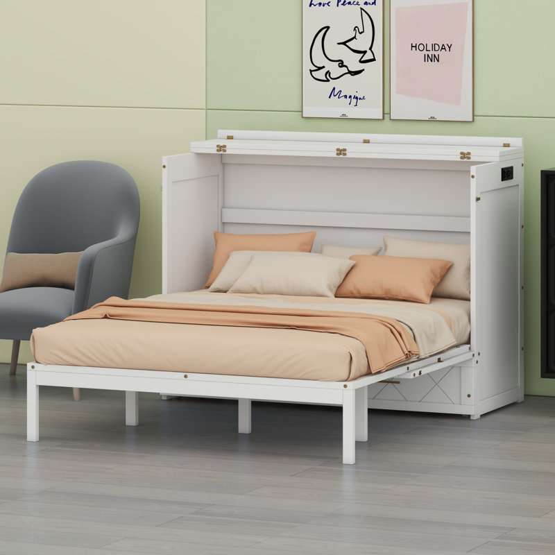 Lit convertible mural avec solution de rangement et multiprise intégrée, Blanc