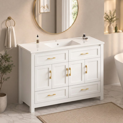 Meuble-lavabo de salle de bain de 122 cm avec lavabo, meuble sur pied avec portes et tiroirs à fermeture amortie, grand espace de rangement, vert