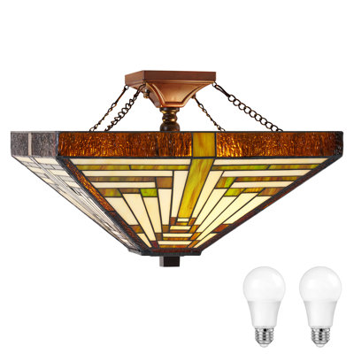 Modern Retro Semi-Flush Mount Ceiling Light, 16 Inch Stained Glass Lampshade with 2 E26 Sockets, Upward Ambient Lighting for Bedroom Living Room Hallway