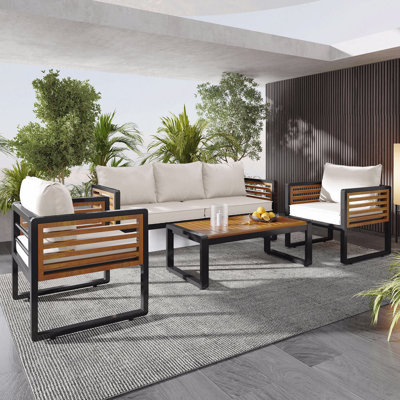 Ensemble de conversation pour grand canapé 4 pièces pour 5 personnes, ensemble de canapé de jardin avec coussin amovible, ensemble de canapé à structure en métal et bois, plateau en bois d'acacia, beige