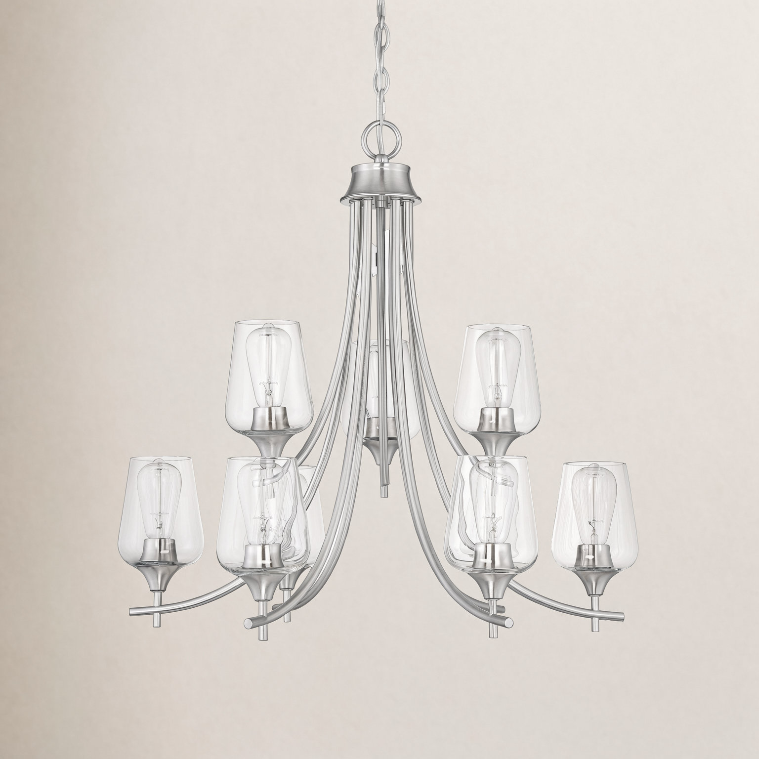 9 - Light Dimmable Tiered Chandelier, Satin Nickel