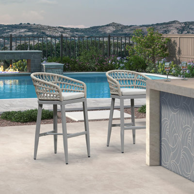  Outdoor Wicker 29" Bar Stools Set Of 2, Boho Patio Bar Height Chair With Cushion