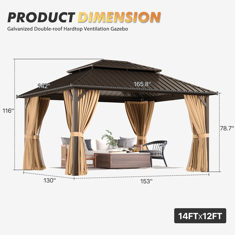 14 pi. L 12 pi. D Pavillon de jardin d'extérieur avec toit double à toit rigide, 14 pi. L 12 pi. D, Brun