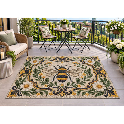 5' x 7' Outdoor Area Rug Bumble Bee Floral Heavyweight Solid Waterproof PVC Coil Loop Carpet, Heavy Duty Patio Rug, Quick Dry Indoor Outdoor Mat for Porch Deck Balcony Entryway RV Camping